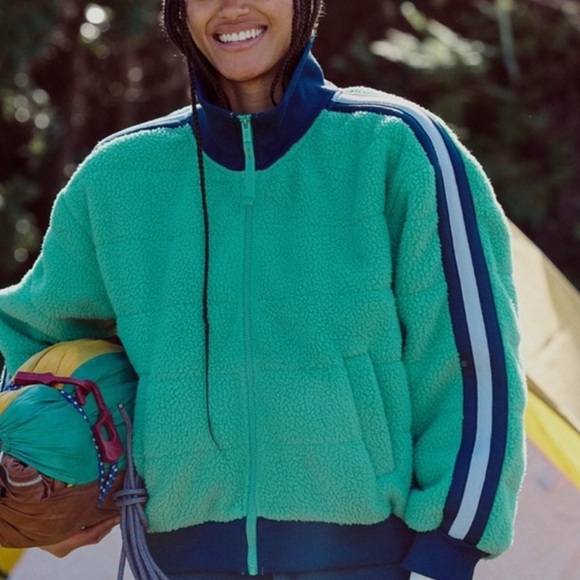 free people movement Jackets & Blazers - Free People Women's Green Fleece Jacket with Blue Accents Small